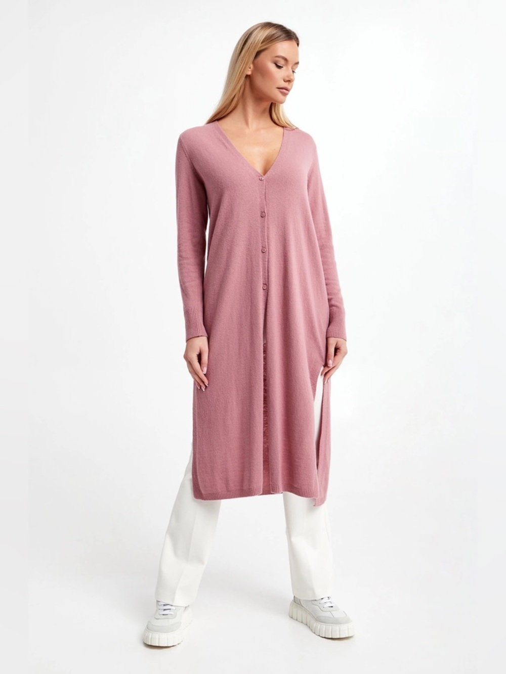 Marella Monochrome Long Knit Duster Cardigan Pink No Size Tag (Fits M)
